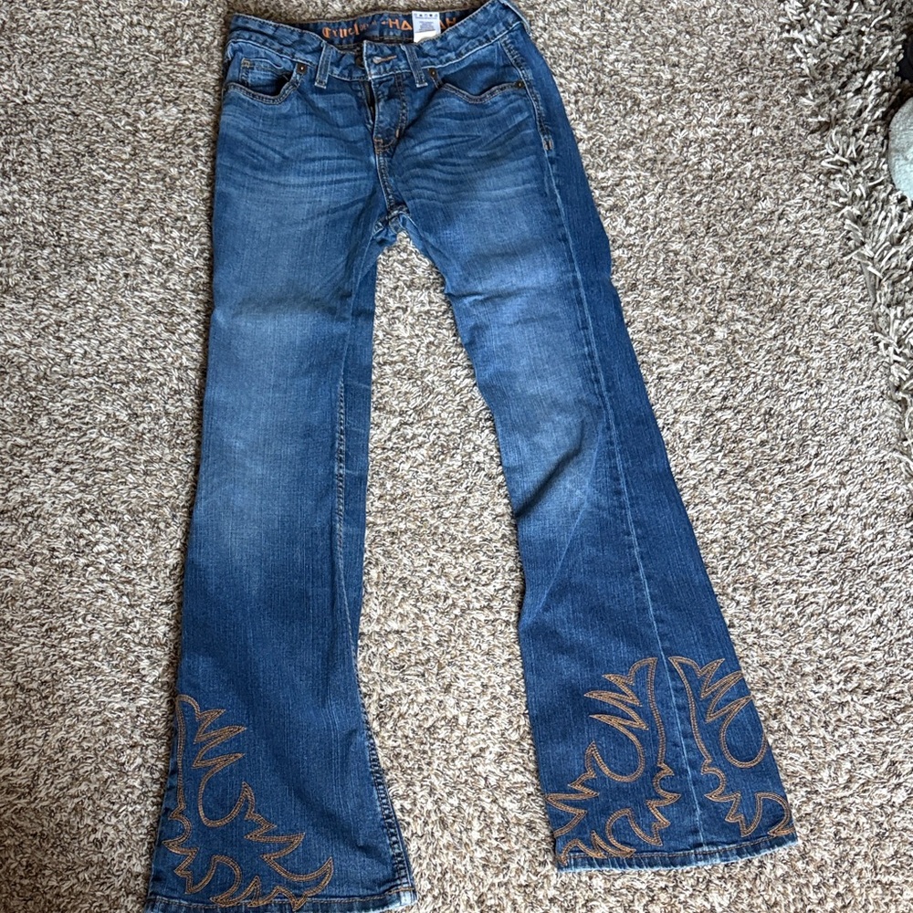 Chic Denim Flare Jeans with Tan Embroidery